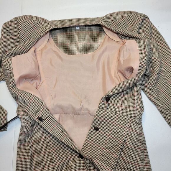 Talbots Vintage Houndstooth Plaid Elegant Brown Belted Button Front Dress - Picture 11 of 15
